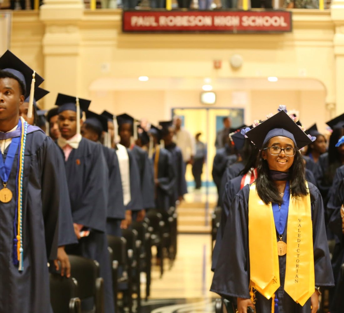 Graduation procession at the Paul Robeson building in Brooklyn, home of the first P-TECH