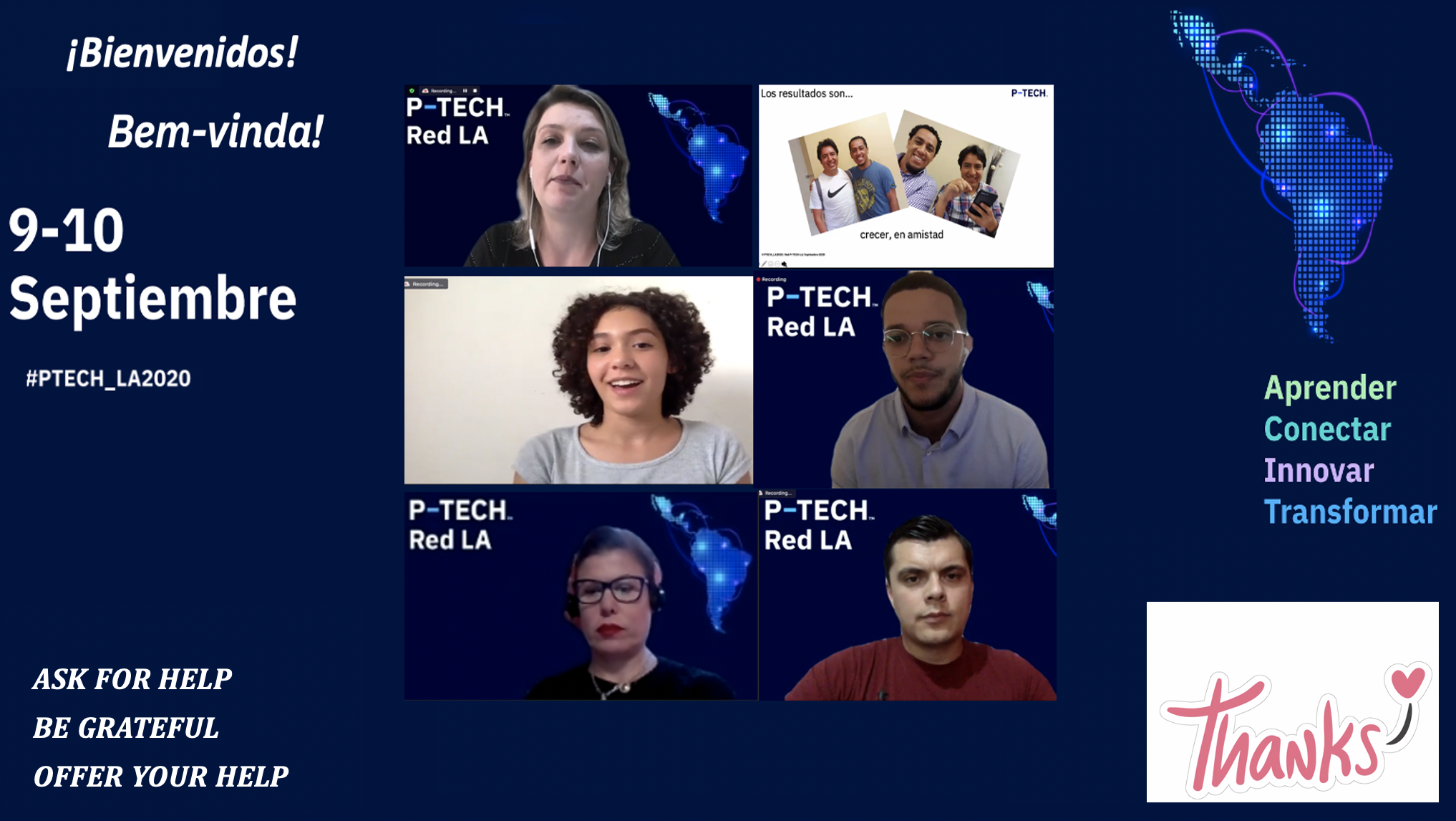 Picture with the color scheme and iconography of the P-TECH LA 2020 virtual event. In the middle, there are photos of the mentors and speakers.